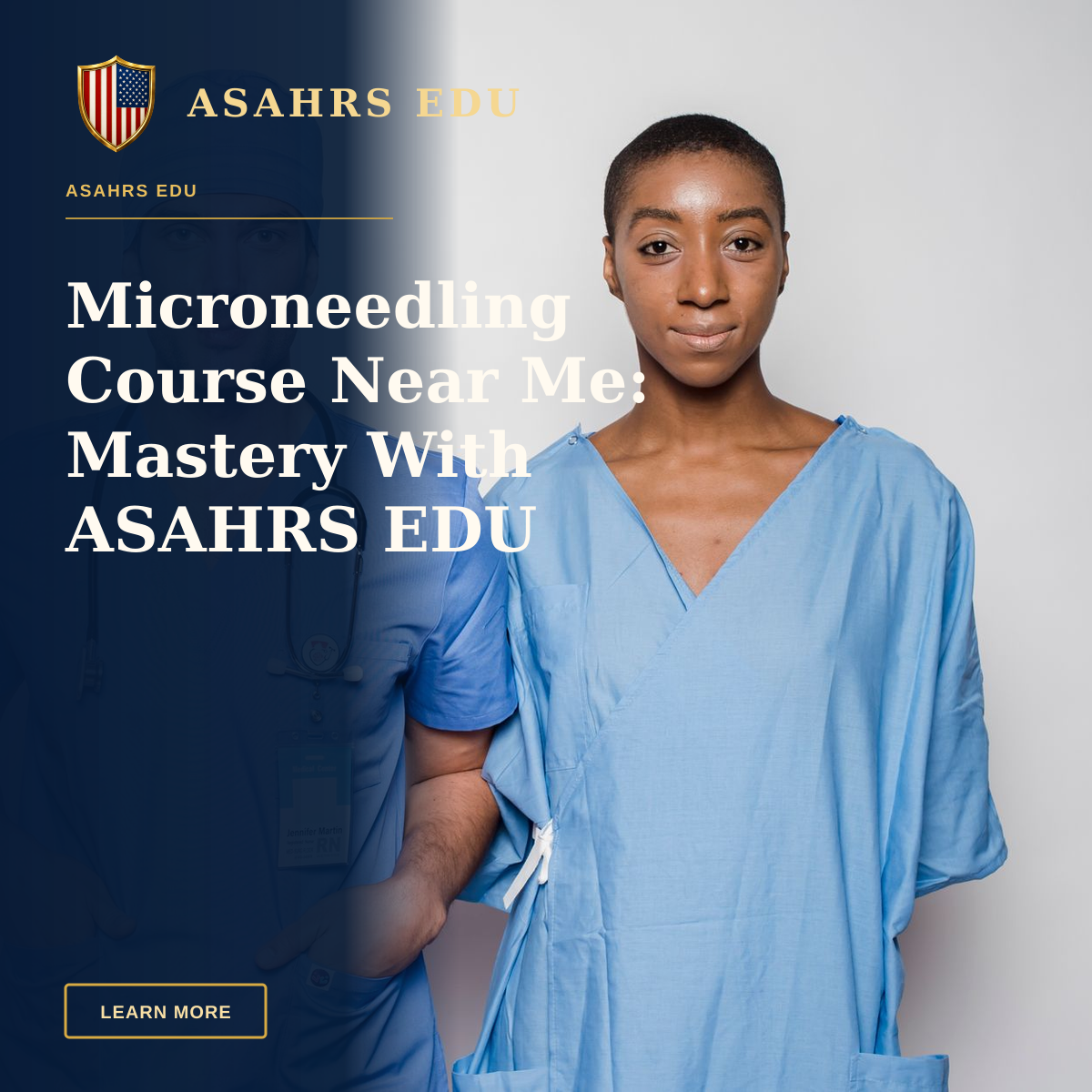 Microneedling Course Near Me: Mastery With ASAHRS EDU — Positive male doctor in blue uniform with hands in pockets smiling and looking at camera while standing near nurse holding hands behind back in hospital