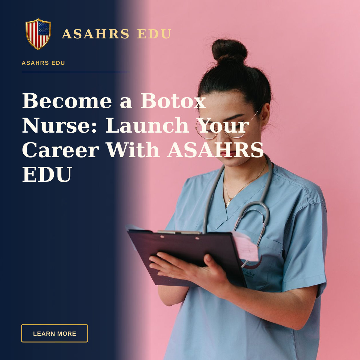 Become a Botox Nurse: Launch Your Career With ASAHRS EDU — Professional nurse reviewing patient notes on clipboard with pink background, in studio setup.