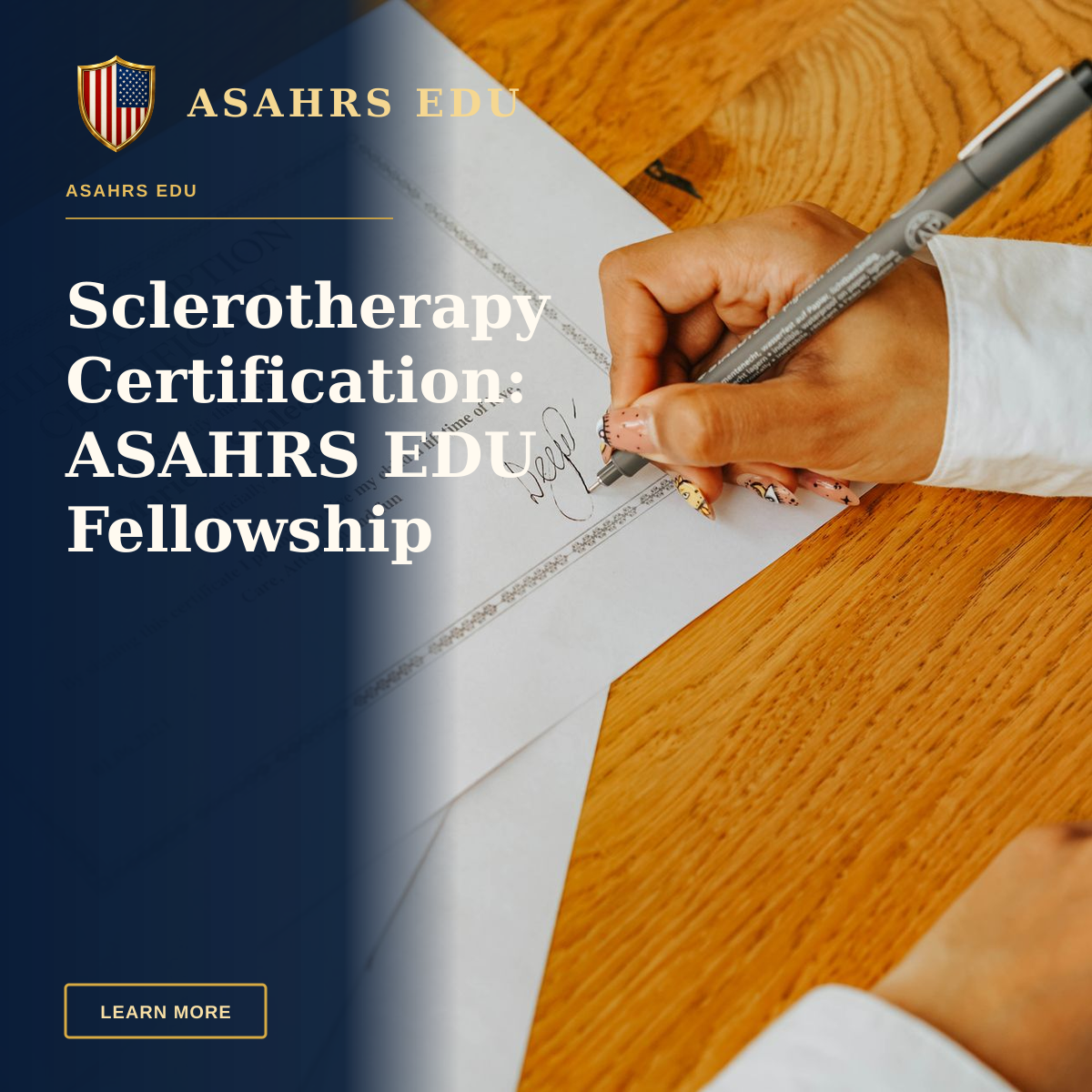 Sclerotherapy Certification: ASAHRS EDU Fellowship Advantage — Close-up view of a hand signing an official child adoption certificate document.