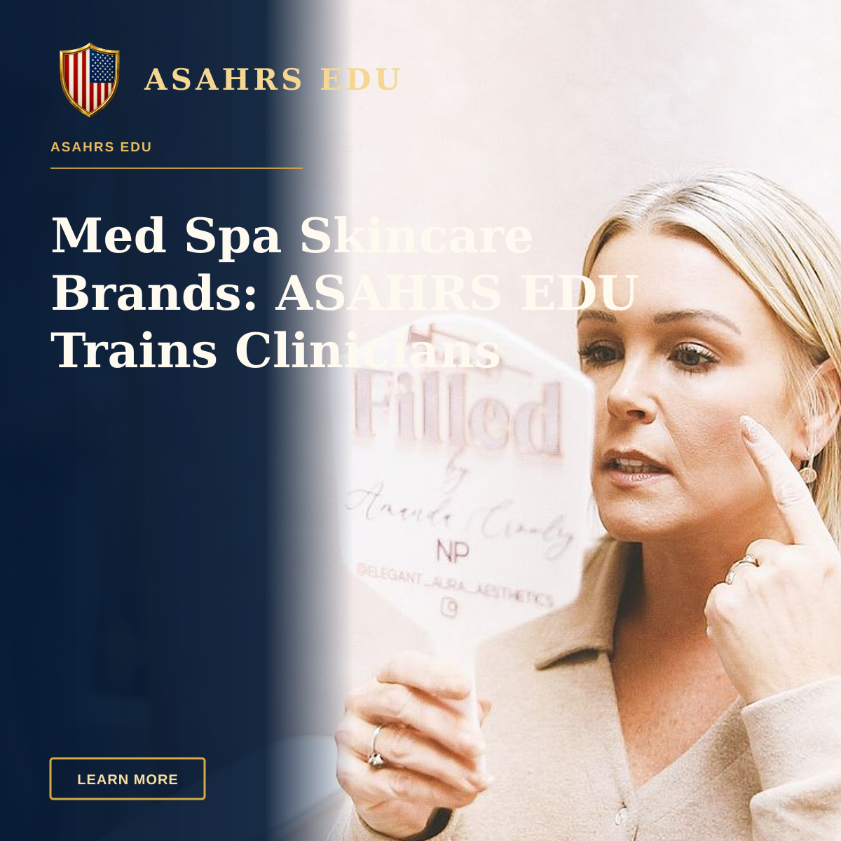 Med Spa Skincare Brands: ASAHRS EDU Trains Clinicians — Woman in Brevard, NC, checks skincare results in a modern beauty clinic with a feminine aesthetic.