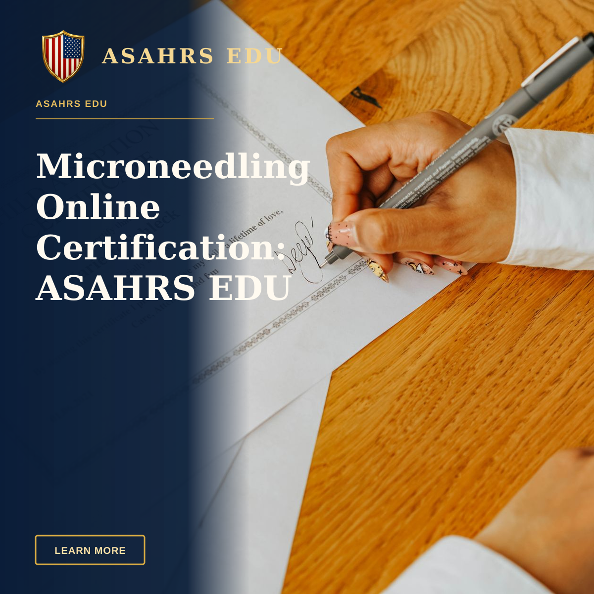 Microneedling Online Certification: ASAHRS EDU Fellowship Excellence — Close-up view of a hand signing an official child adoption certificate document.