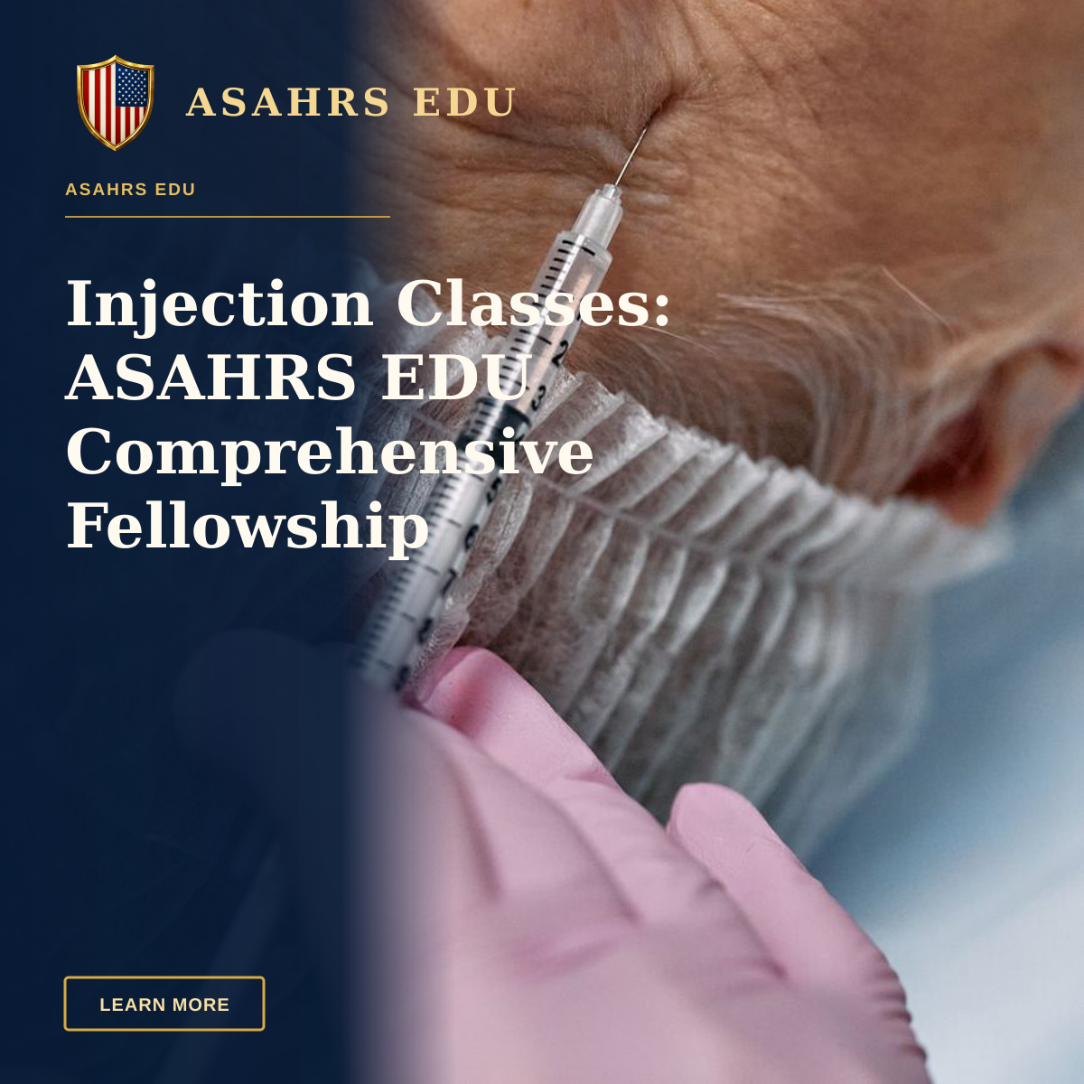 Injection Classes: ASAHRS EDU Comprehensive Fellowship — Close-up view of a senior woman receiving an anti-aging facial injection in a clinic.