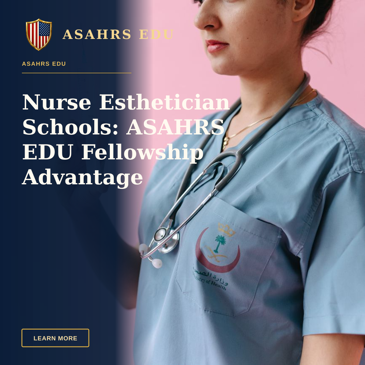 Nurse Esthetician Schools: ASAHRS EDU Fellowship Advantage — A professional nurse in scrubs holding a syringe, set against a pink background.