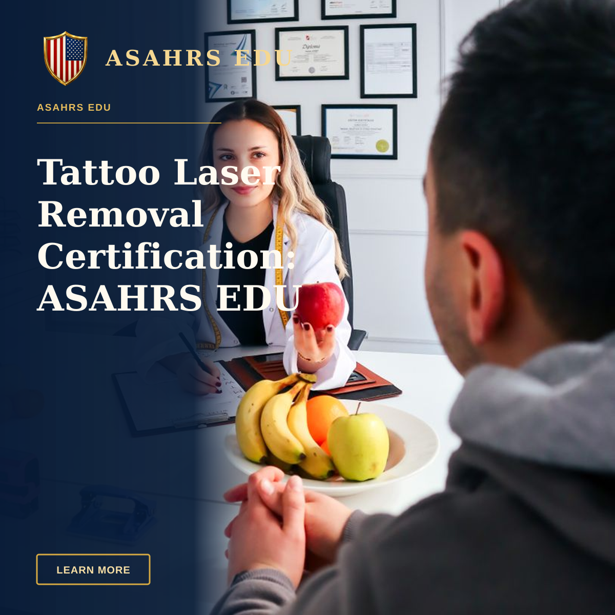 Tattoo Laser Removal Certification: ASAHRS EDU Fellowship Program — A nutritionist advises a client about healthy eating in a modern office with fruits.