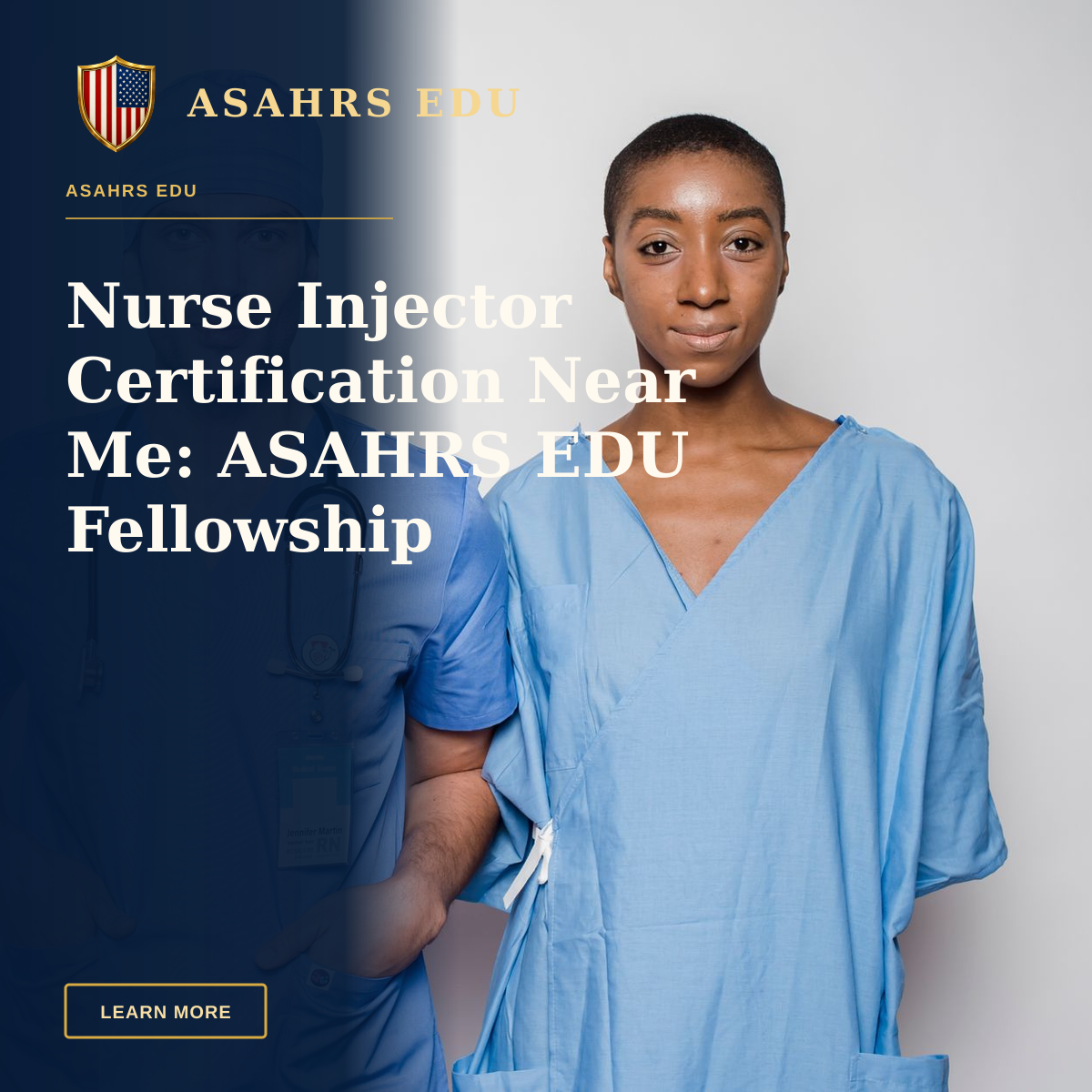 Nurse Injector Certification Near Me: ASAHRS EDU Fellowship — Positive male doctor in blue uniform with hands in pockets smiling and looking at camera while standing near nurse holding hands behind back in hospital