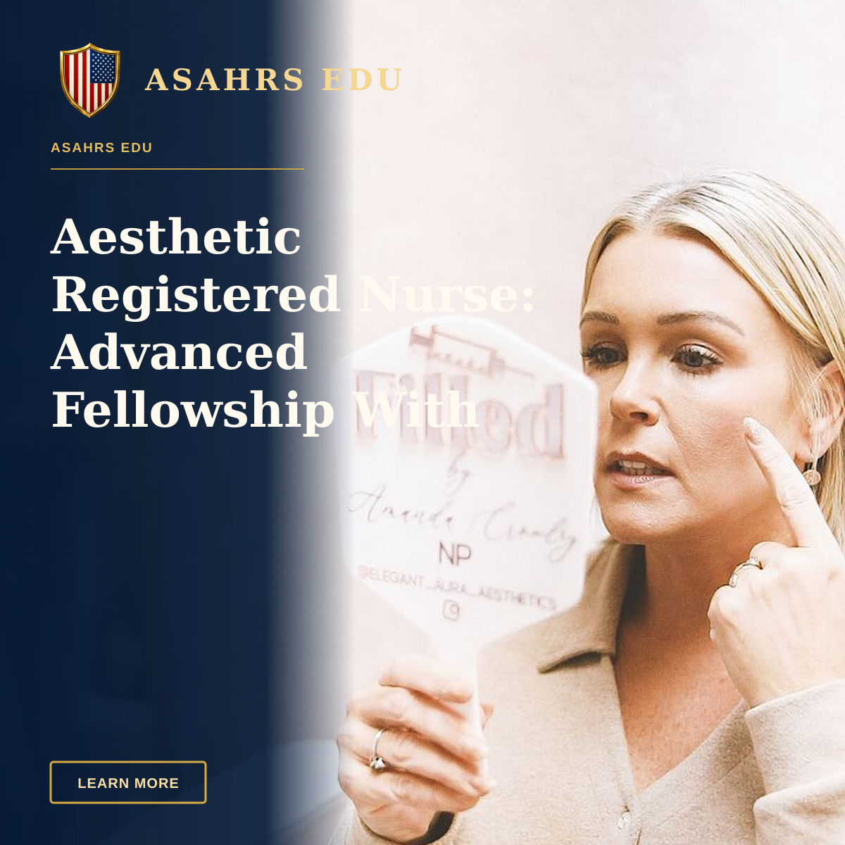 Aesthetic Registered Nurse: Advanced Fellowship With ASAHRS EDU — Woman in Brevard, NC, checks skincare results in a modern beauty clinic with a feminine aesthetic.