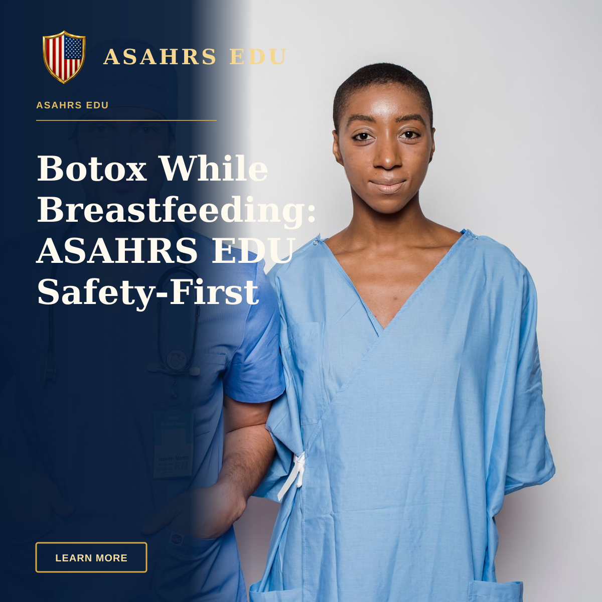 Botox While Breastfeeding: ASAHRS EDU Safety-First Guidance — Positive male doctor in blue uniform with hands in pockets smiling and looking at camera while standing near nurse holding hands behind back in hospital