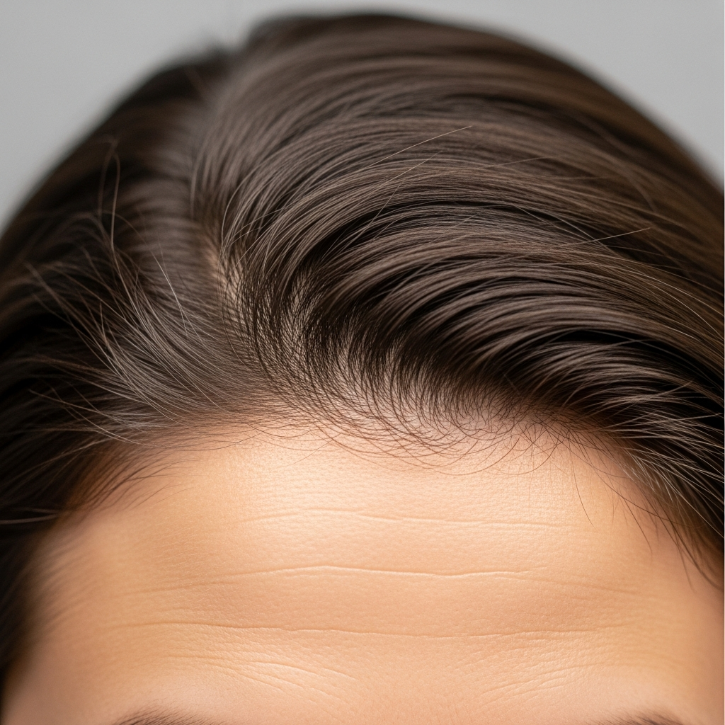 Close-up of female hair transplant result showing restored hairline and improved density