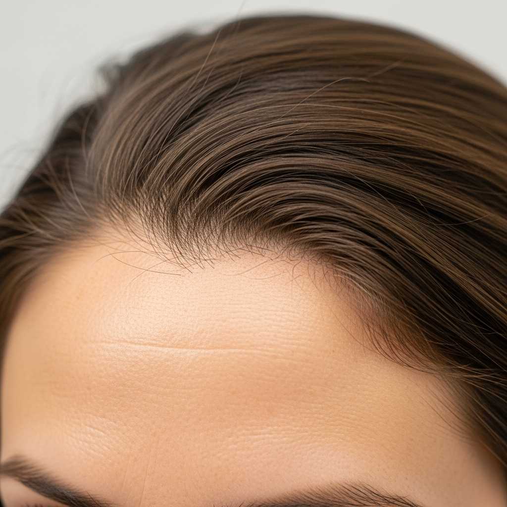 Close-up of a woman's hairline displaying natural results typical of female hair transplant before and after photos.