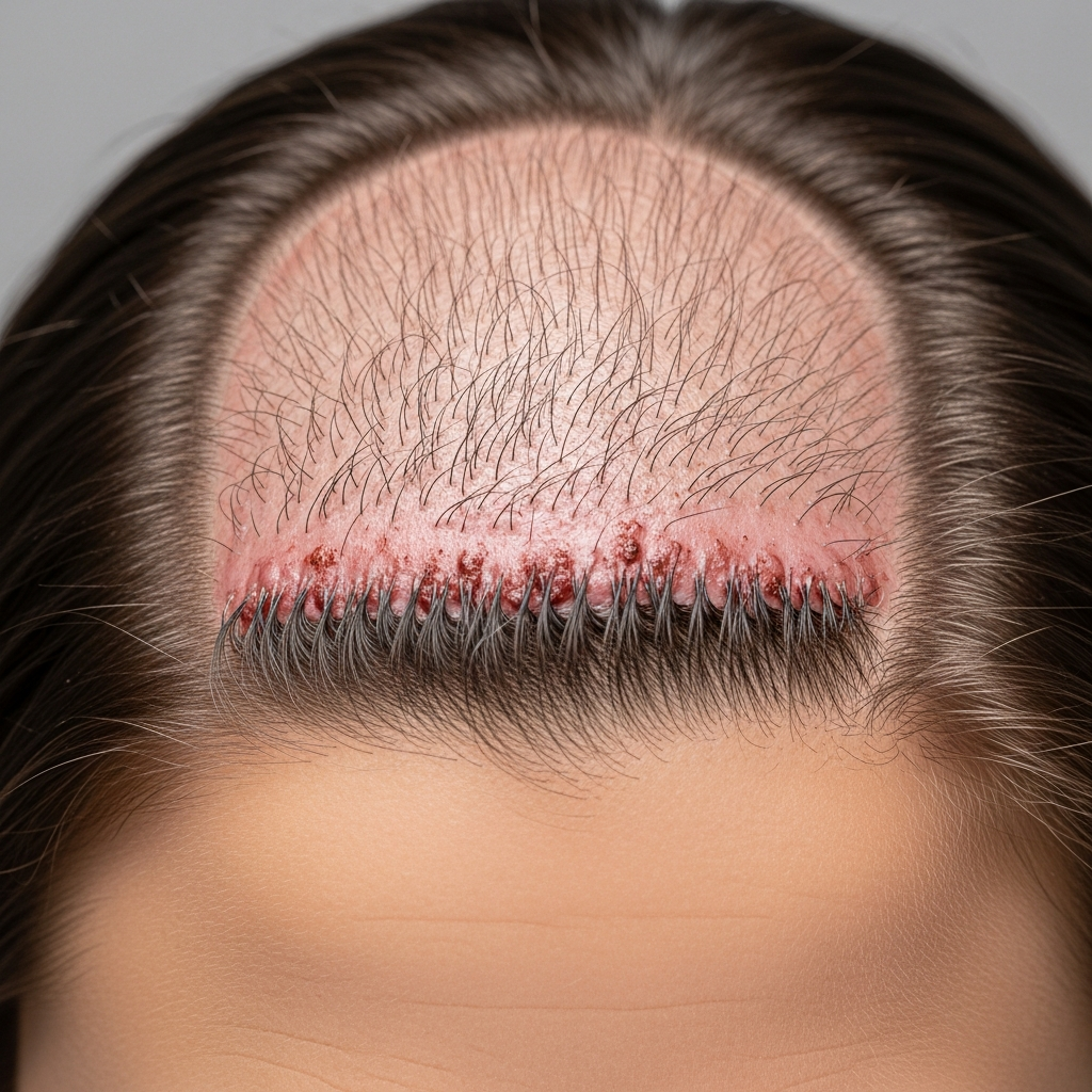 Close-up of a woman’s scalp after a hair transplant showing early healing and regrowth