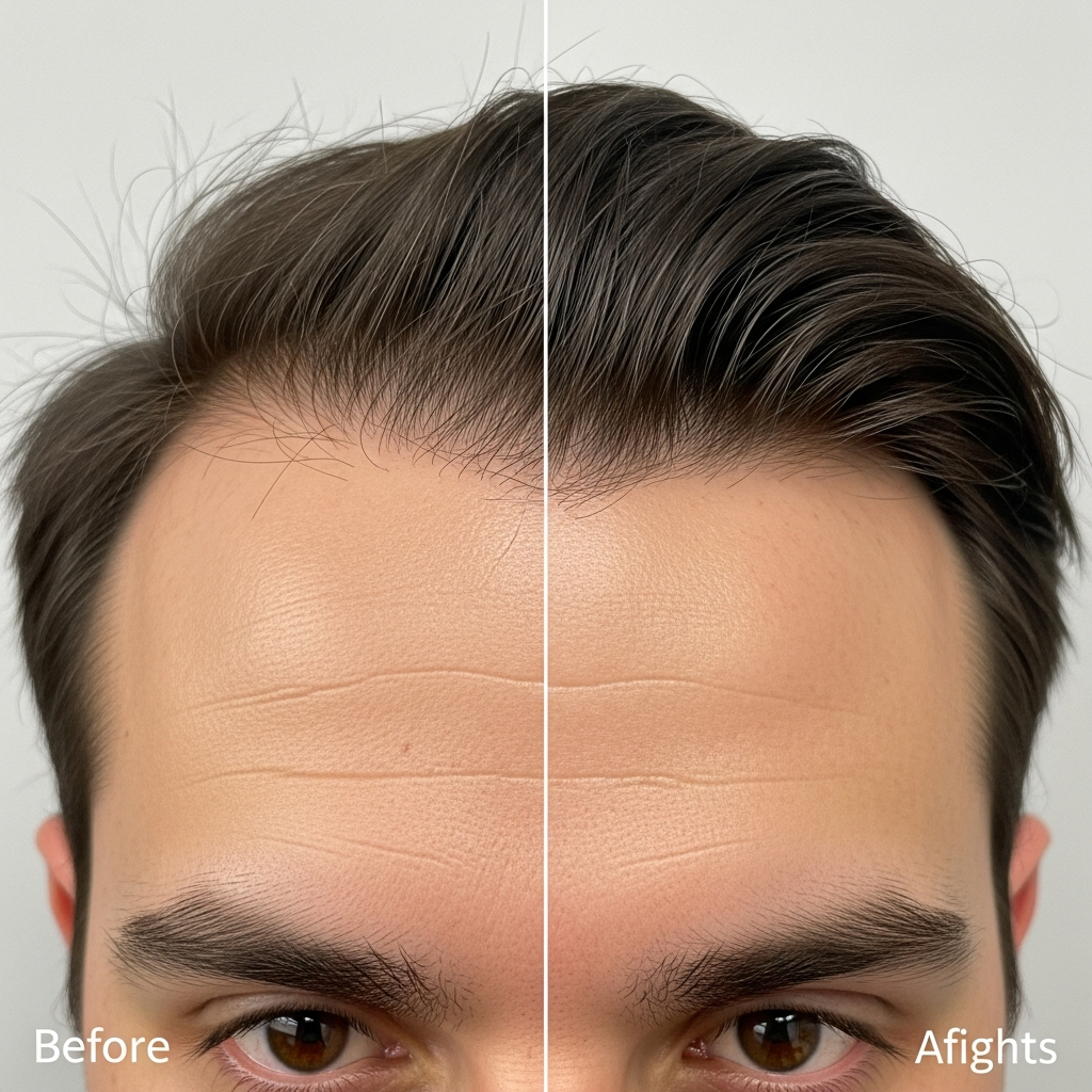 Square close-up image of a patient’s frontal hairline showing increased density 12 months after transplant