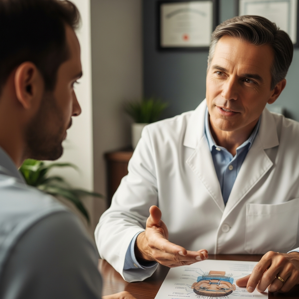 Close-up of a patient consultation for a hair transplant in Miami, Florida