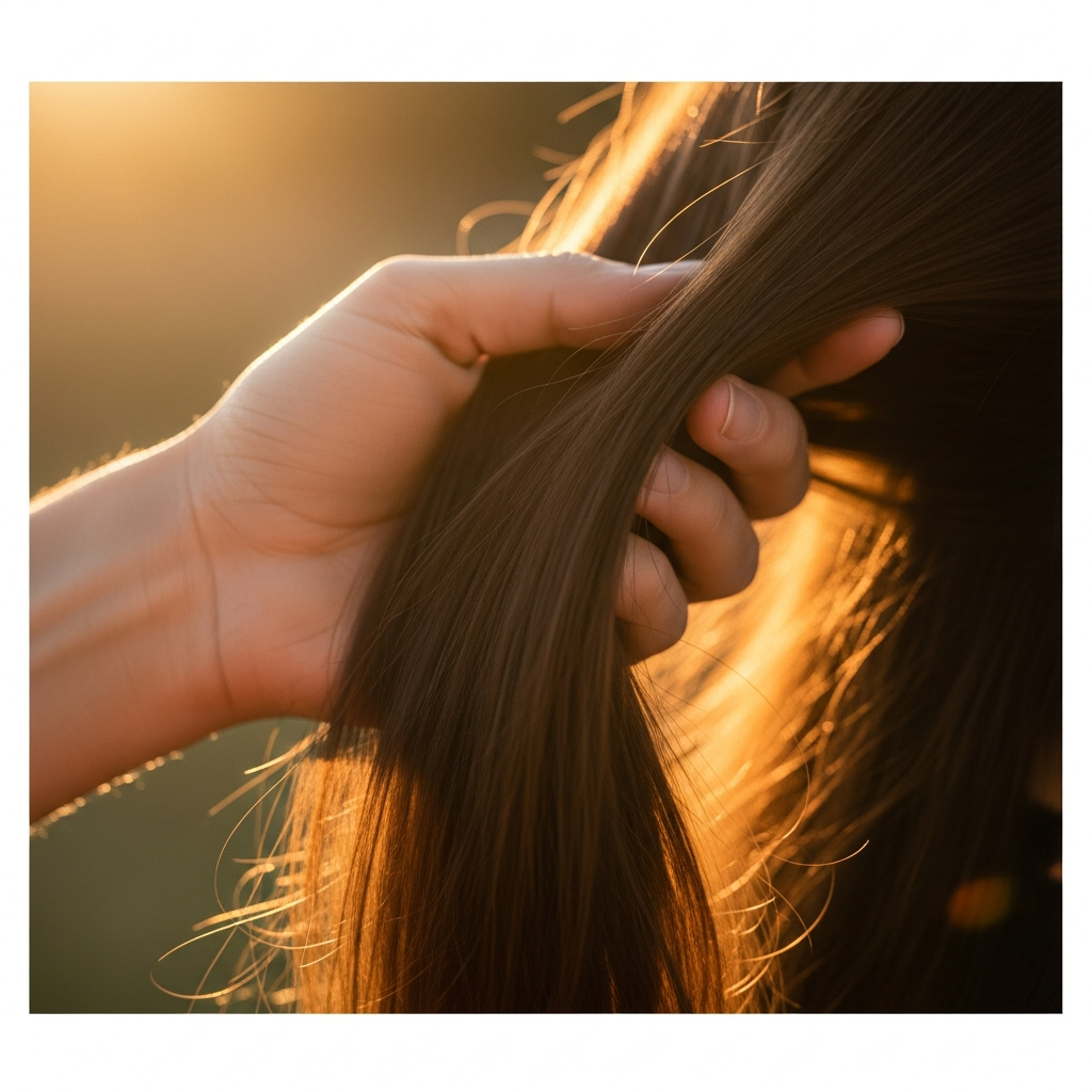 Square social image showing hand running through thick, healthy hair representing natural growth