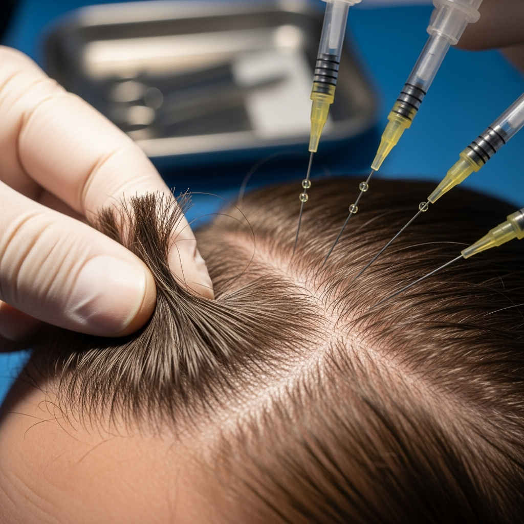 Close-up of PRF hair restoration injections and scalp assessment