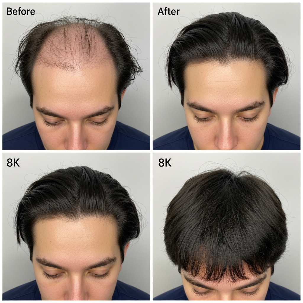 Before-and-after image collage showing hair restoration results after hair loss treatment