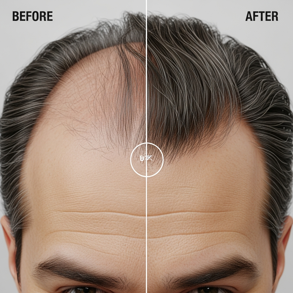 Close-up of male scalp before and after hair restoration results