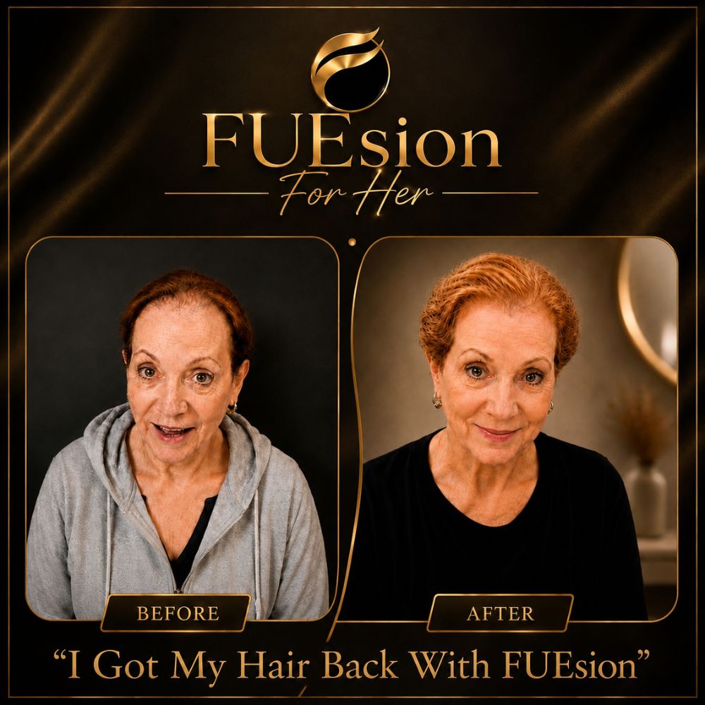 Eyebrow restoration before and after showcasing fuller, well-defined eyebrows — FUEsion Hair Clinics