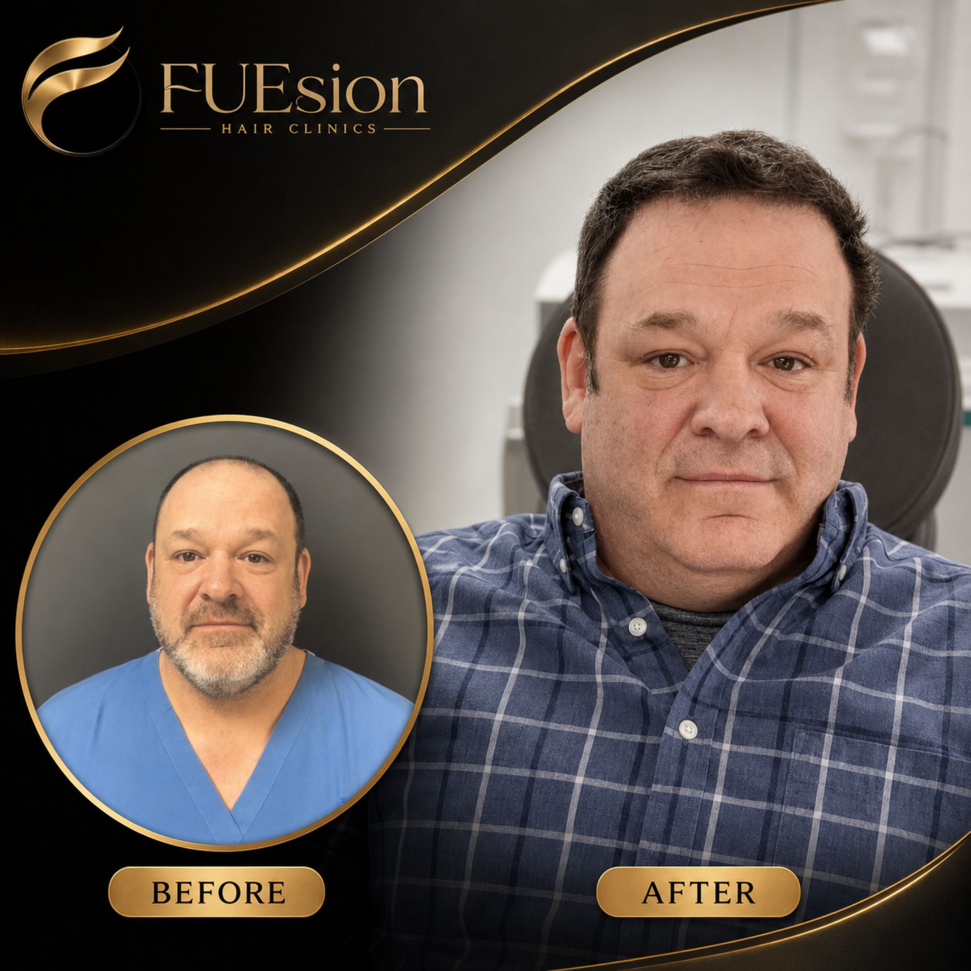 Male hair transplant before and after highlighting a fuller hairstyle achieved with FUEsion