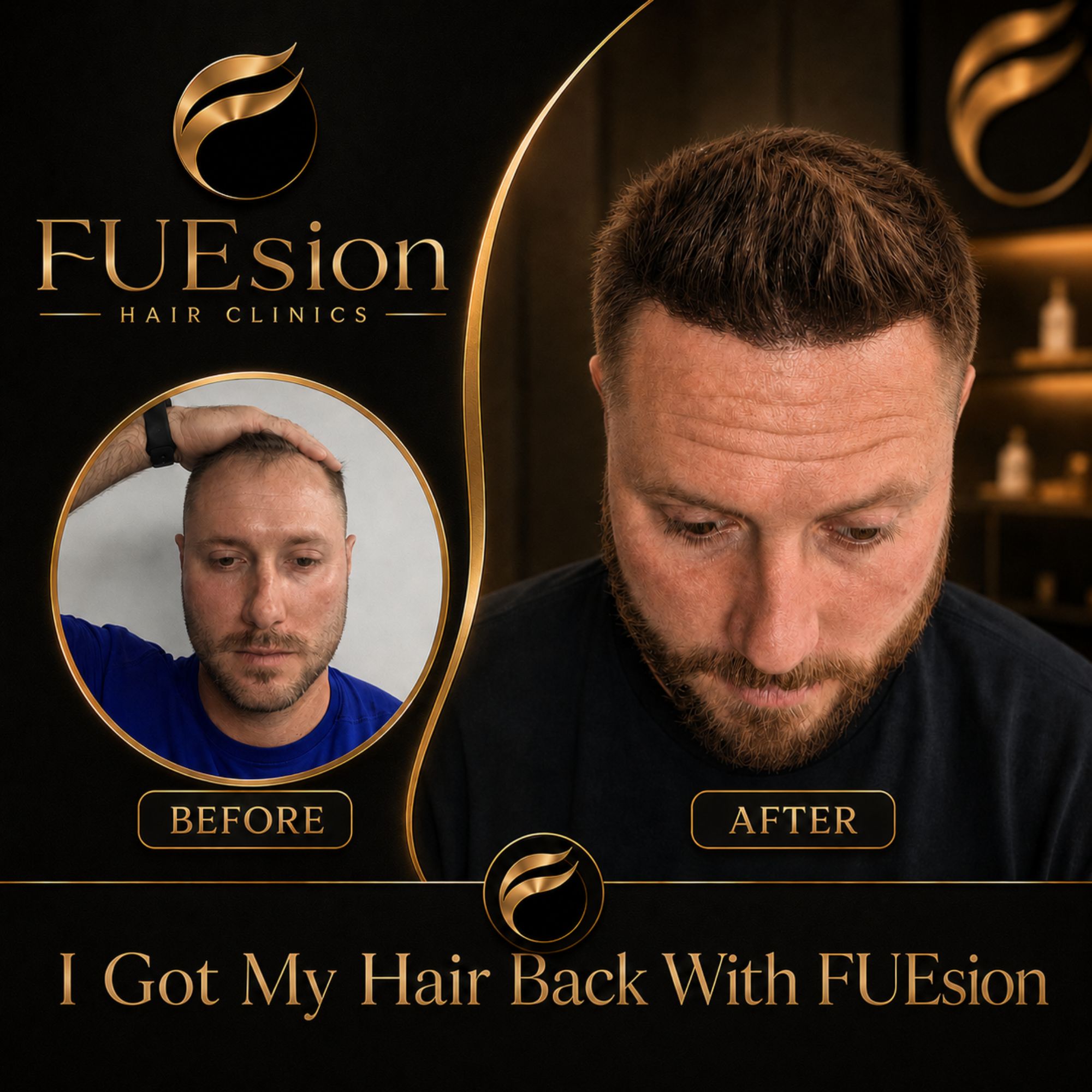 FUE hair transplant before and after — patient holding framed photo of hair restoration results achieved with FUEsion