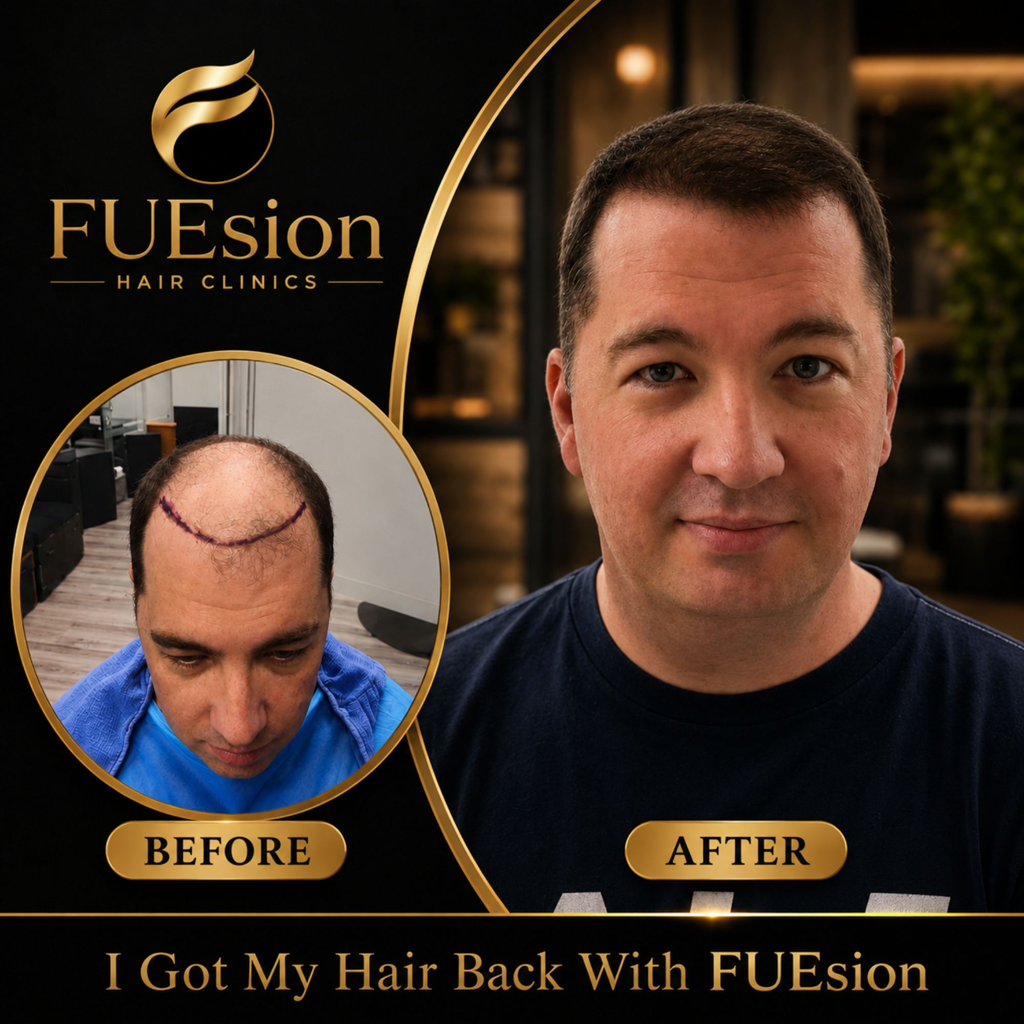 Hair transplant before and after — FUEsion patient highlighting improved hair density at 12 months.