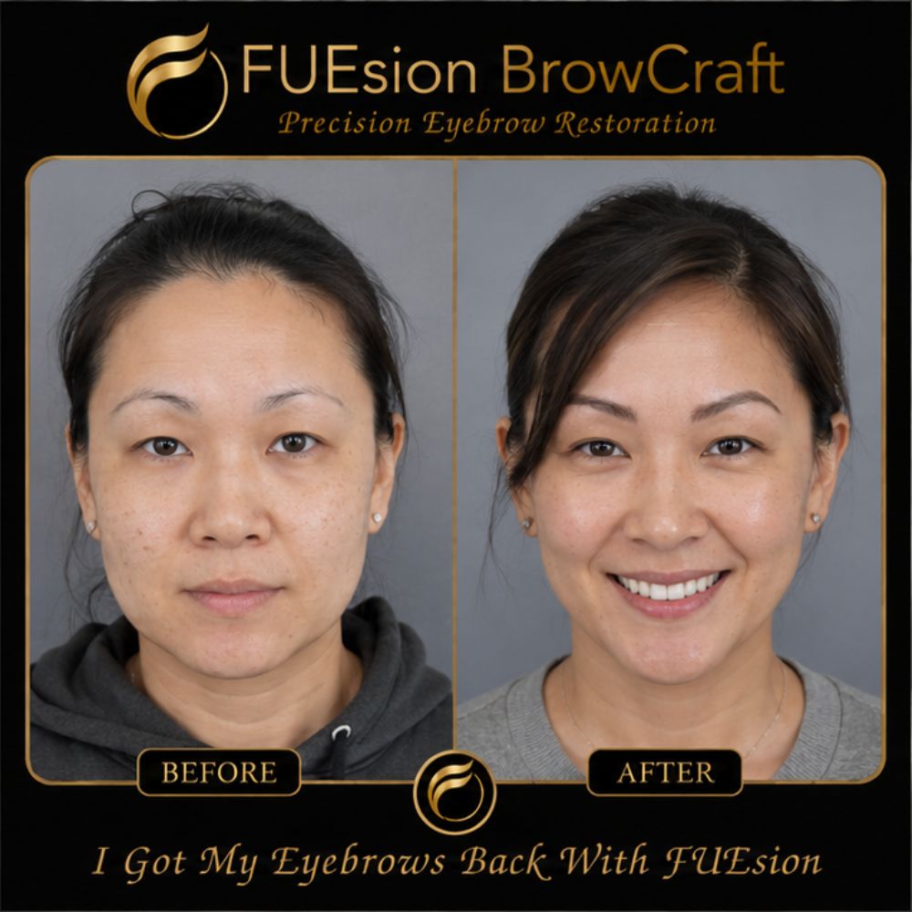 FUE hair transplant before and after — side-by-side comparison of female hair restoration results at FUEsion