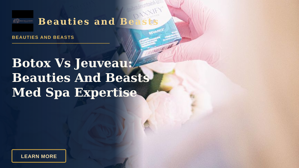 Botox Vs Jeuveau: Beauties And Beasts Med Spa Expertise — Hands wearing pink gloves holding dermal filler boxes over floral arrangement in a clinic.