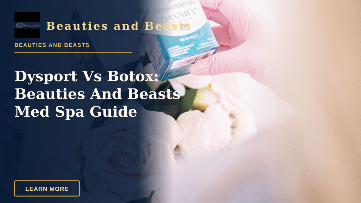 Dysport Vs Botox: Beauties And Beasts Med Spa Guide — Hands wearing pink gloves holding dermal filler boxes over floral arrangement in a clinic.