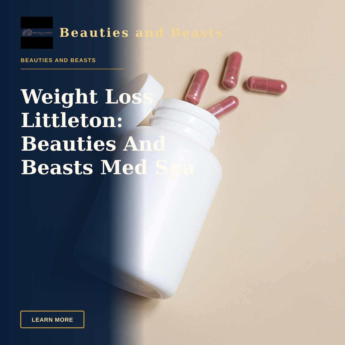 Weight Loss Littleton: Beauties And Beasts Med Spa — White bottle with open lid and pink capsules on a neutral background, suitable for pharmaceutical themes.