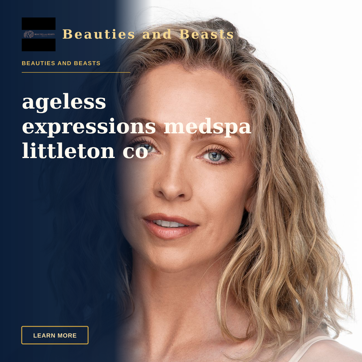 ageless expressions medspa littleton co — Close-up professional portrait of a woman with blonde curls and blue eyes on a white background.