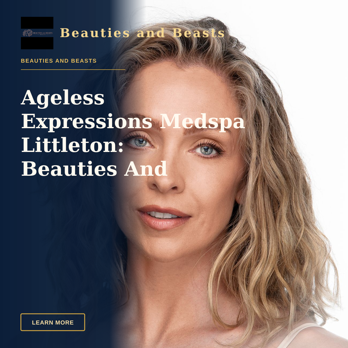 Ageless Expressions Medspa Littleton: Beauties And Beasts Med Spa — Close-up professional portrait of a woman with blonde curls and blue eyes on a white background.