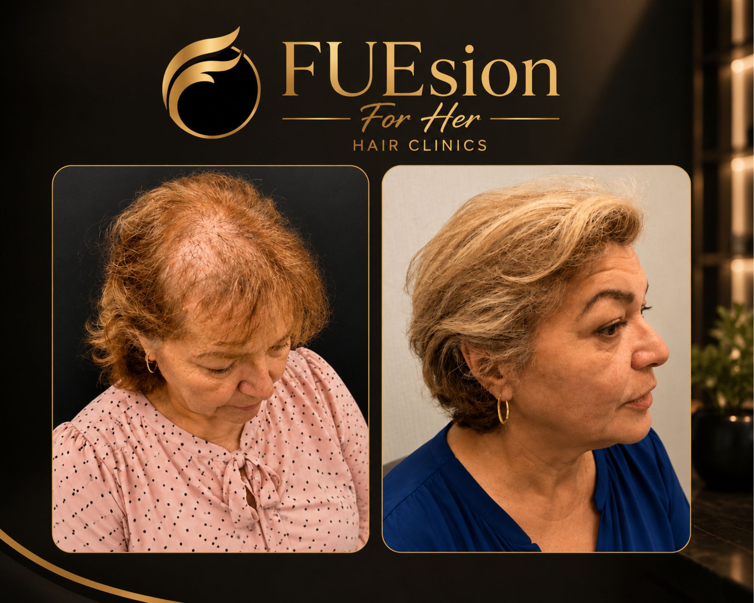 Female hair transplant before and after — side profile showing scalp coverage transformation from thinning at FUEsion Hair Clinics