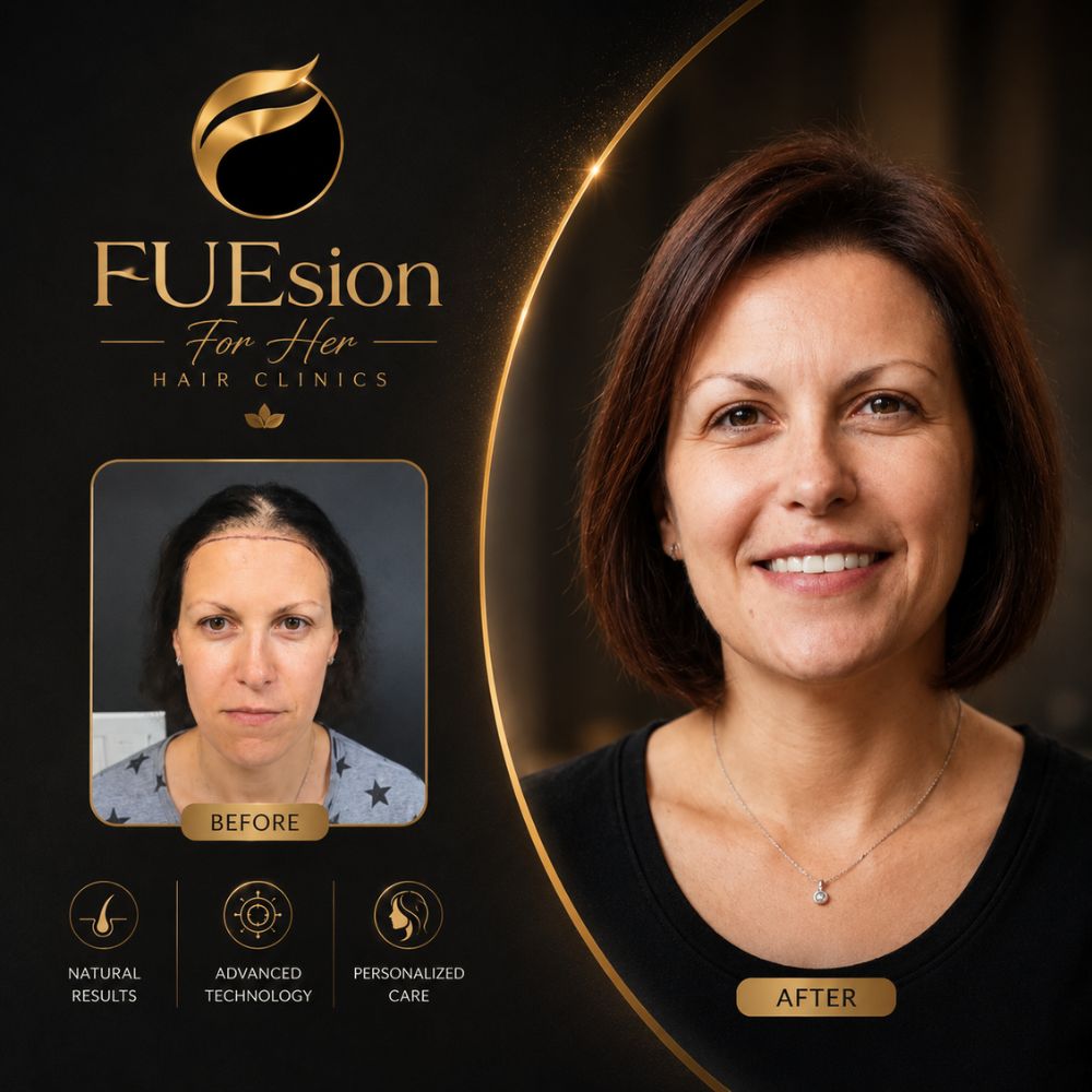 Female hair transplant before and after result highlighting natural restoration — FUEsion For Her