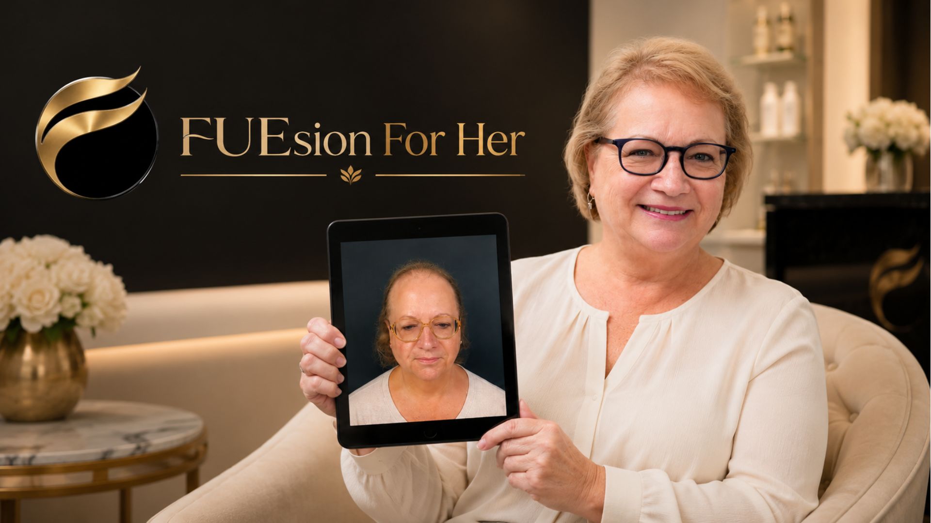 Female hair transplant before and after — complete scalp coverage transformation with FUEsion