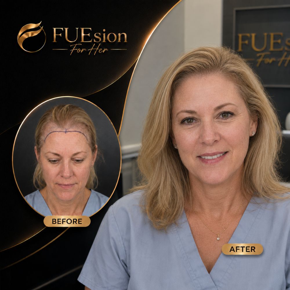 Female hair transplant before and after — FUEsion Hair Clinics result showing natural hair density