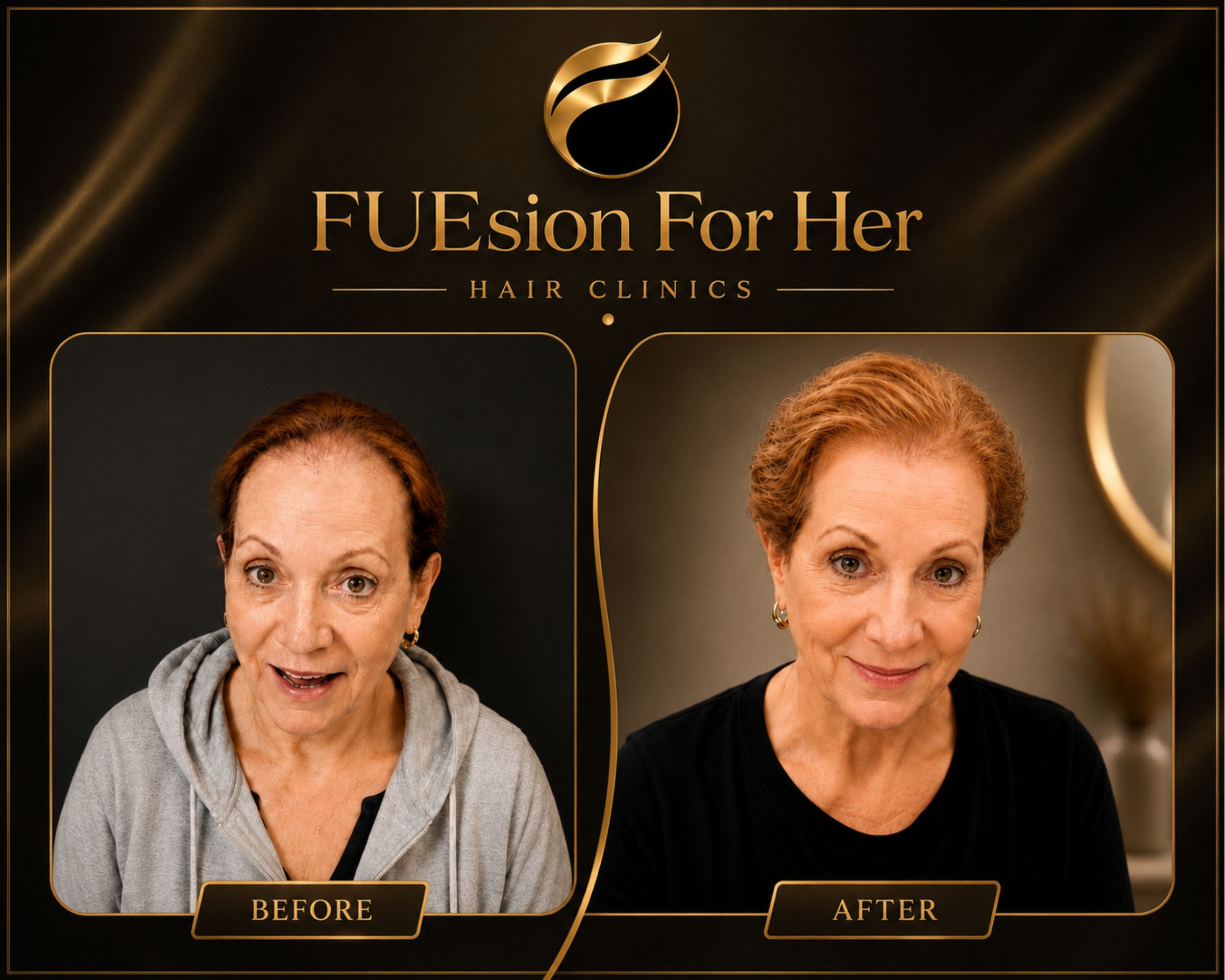 Female hair transplant before and after — frontal view highlighting stronger hairline framing at FUEsion Hair Clinics