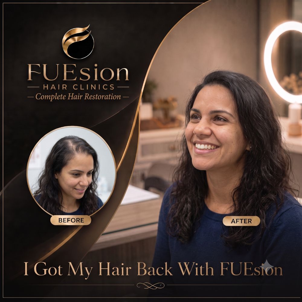 Female hair transplant before and after — crown thinning treatment showing scalp coverage in side profile