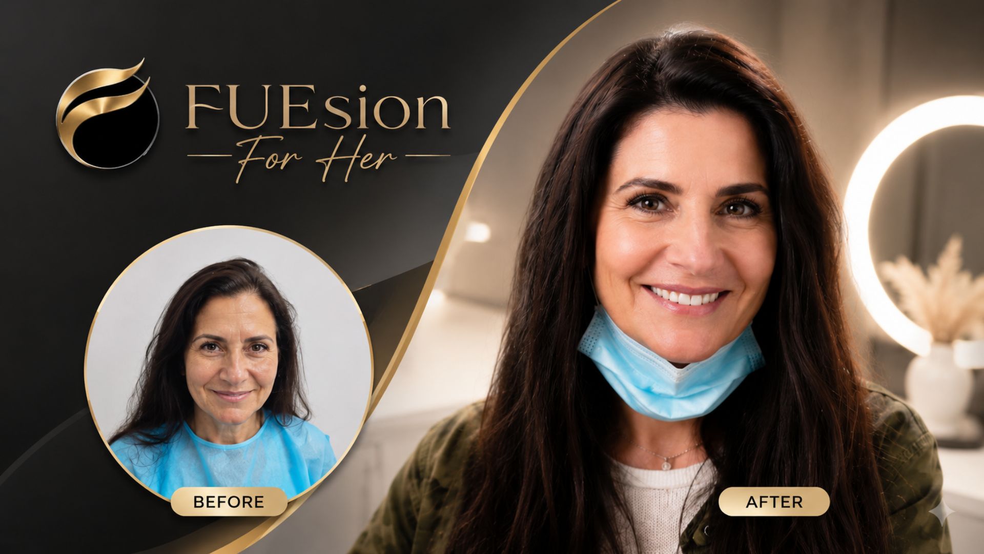 Female hair transplant before and after — full density result showing improved scalp coverage