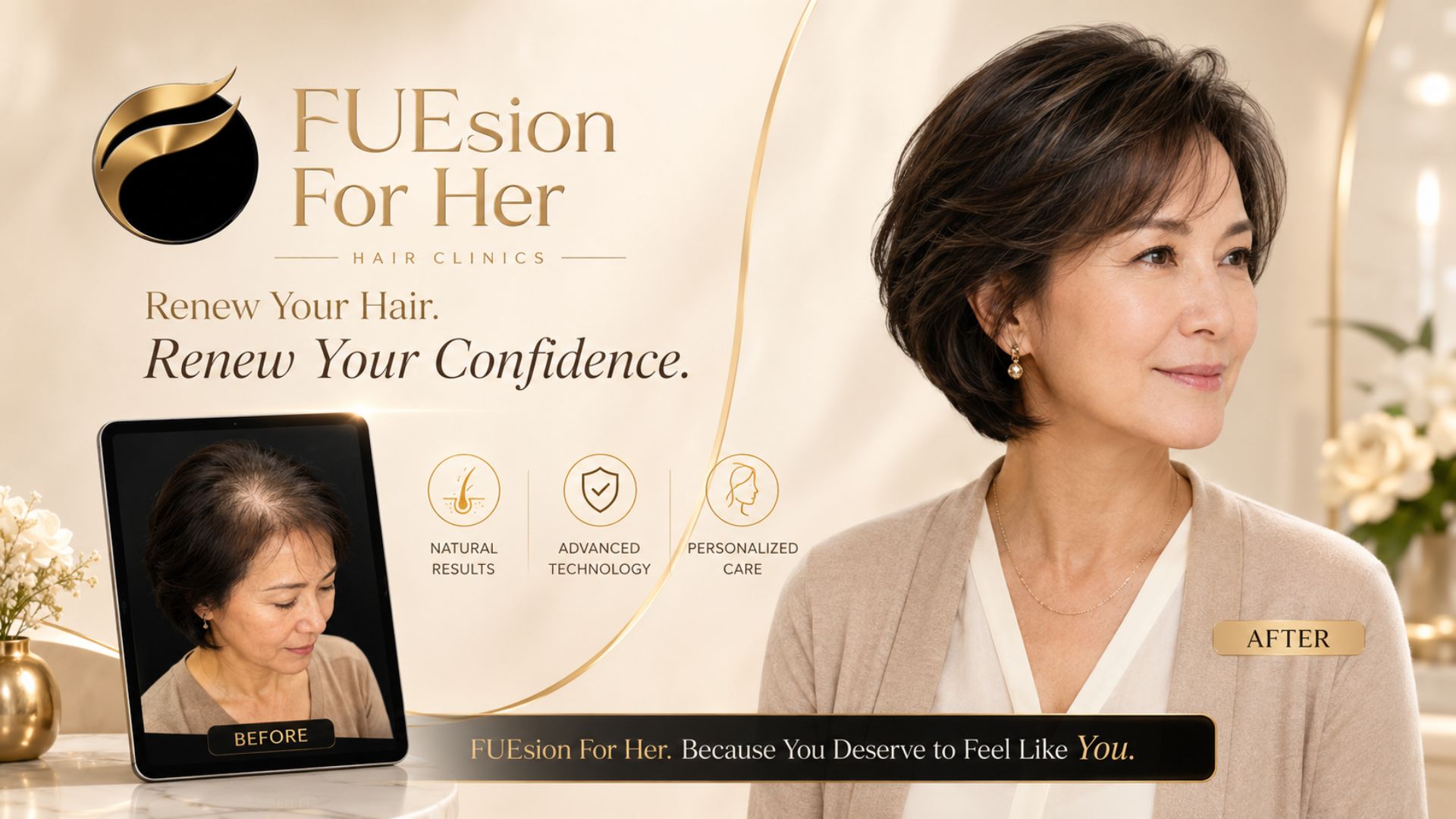 Female hair transplant before and after — crown restoration showing natural fullness and volume