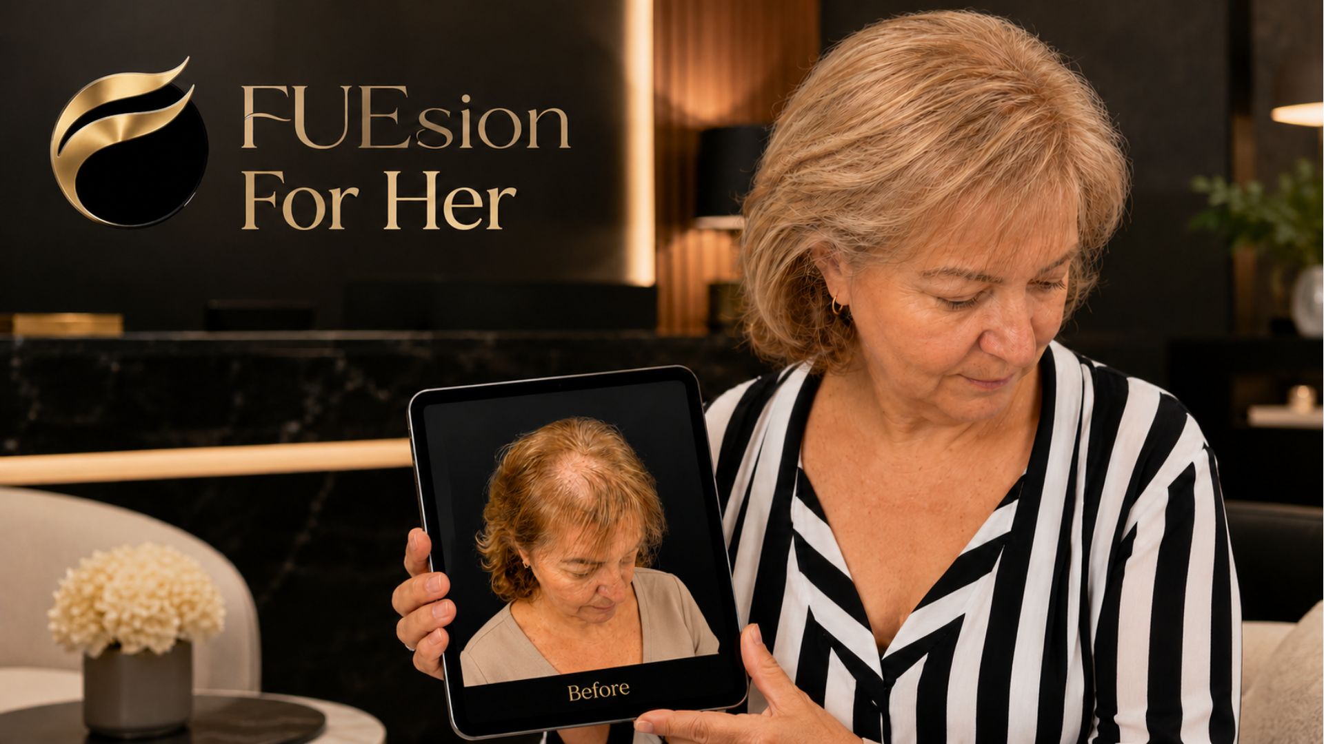 Female hair transplant before and after — top coverage enhancement with restored density and confidence
