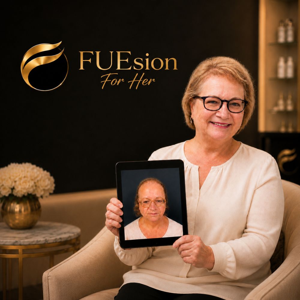 Female hair transplant before and after showing seamless results at 6 months — FUEsion For Her