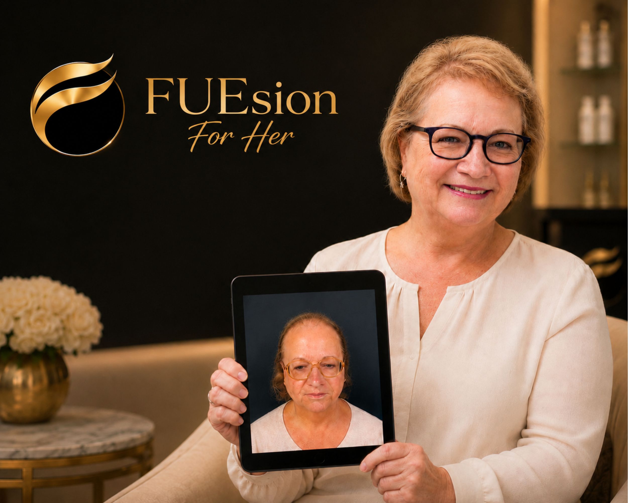 Female hair transplant before and after — dramatic transformation from severe thinning to full coverage at FUEsion Hair Clinics