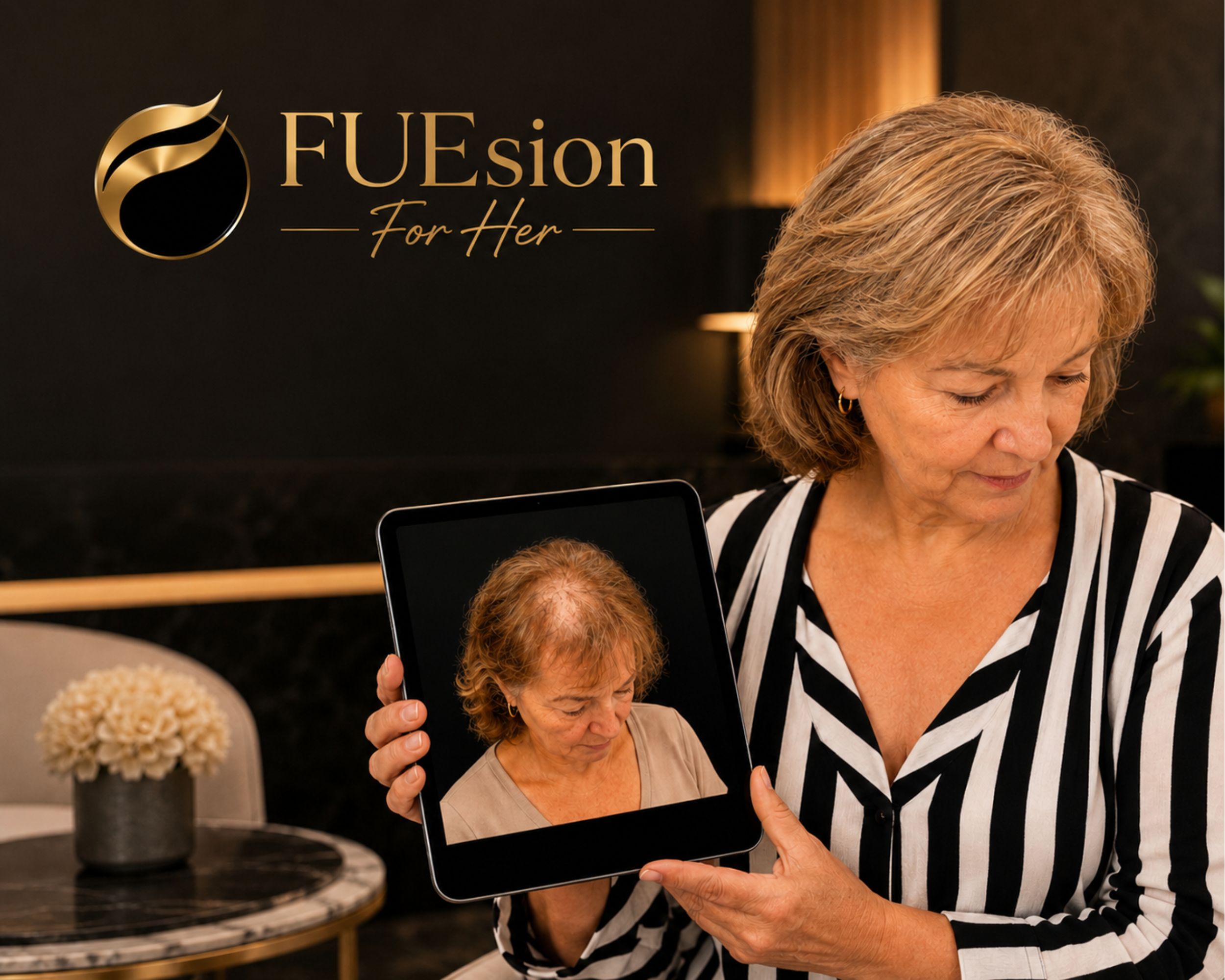 Female hair transplant before and after — top view showing crown density improvement at FUEsion Hair Clinics