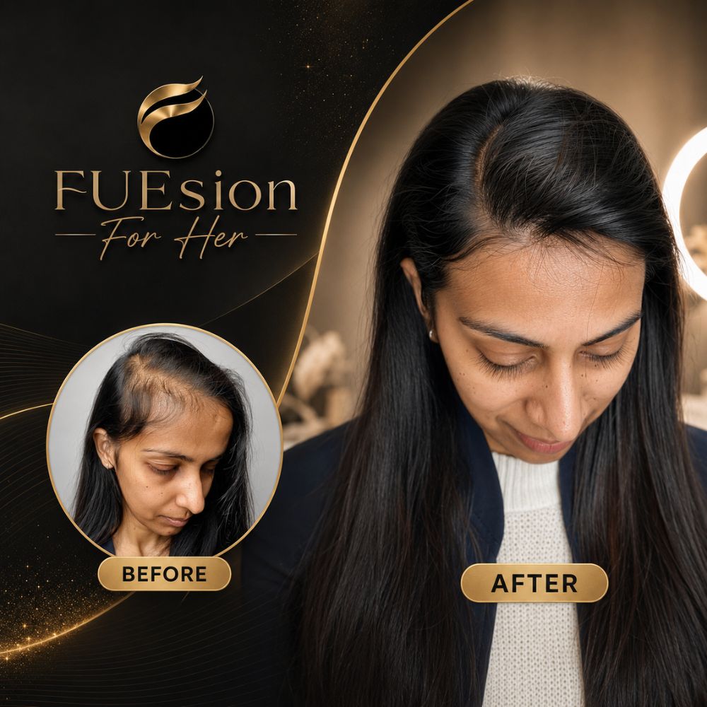 Female hair restoration result displayed on tablet, before and after comparison — FUEsion For Her