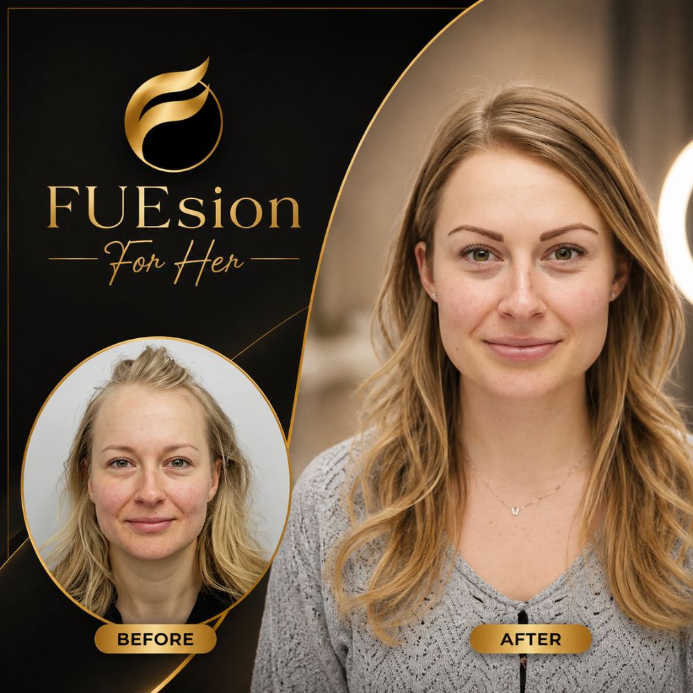 Female hair transplant before and after — FUEsion Hair Clinics patient result at 6 months