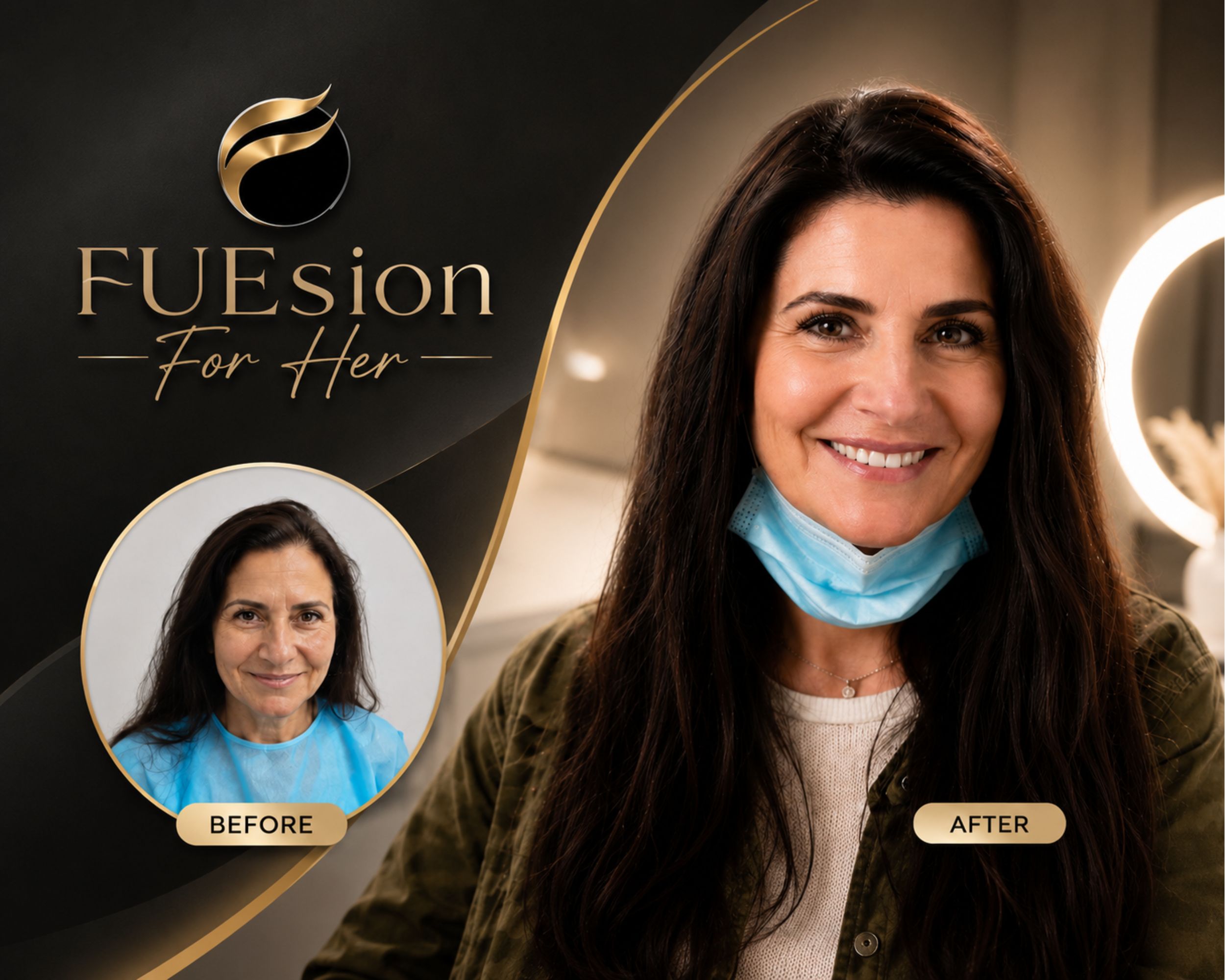 Female hair transplant before and after — full density restoration visible in close-up view