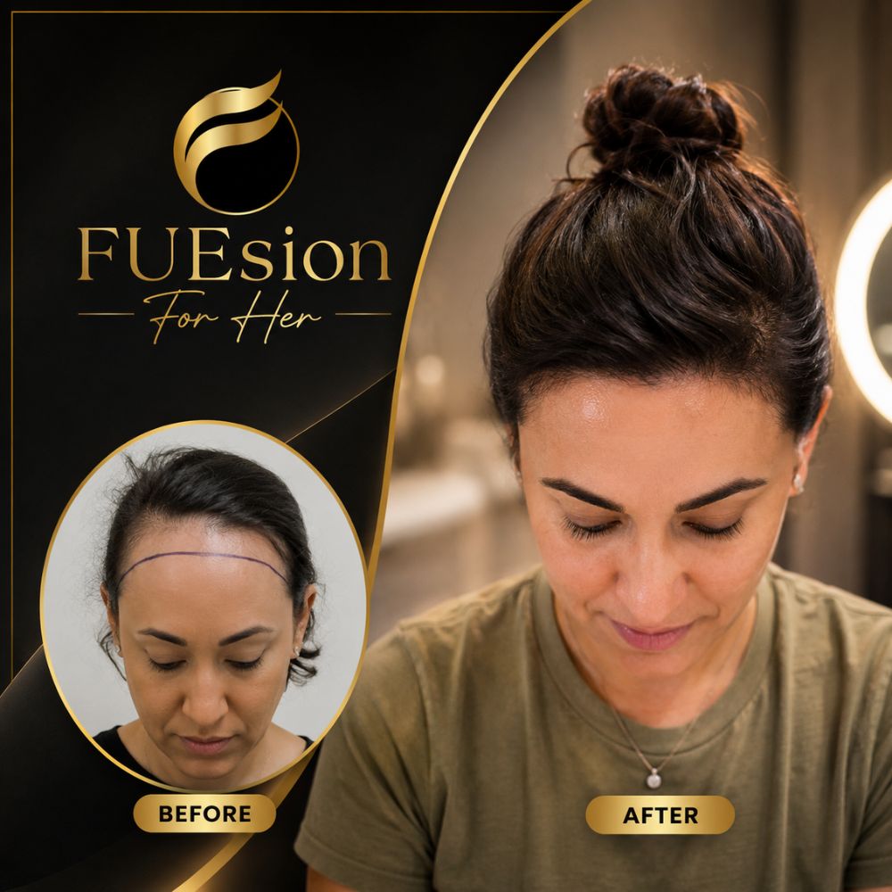 Female hair transplant before and after — dramatic transformation at FUEsion Hair Clinics